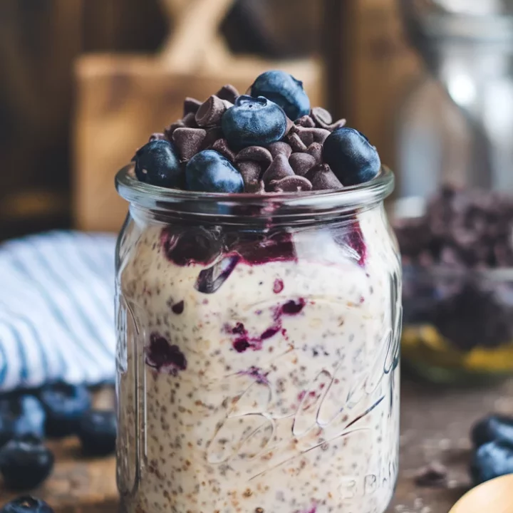 🫐🥣 High-Protein Blueberry Chocolate Overnight Oats – Quick & Delicious 🍫✨ These creamy oats are packed with protein, sweet blueberries, and rich chocolate for a satisfying breakfast. 💛🌟