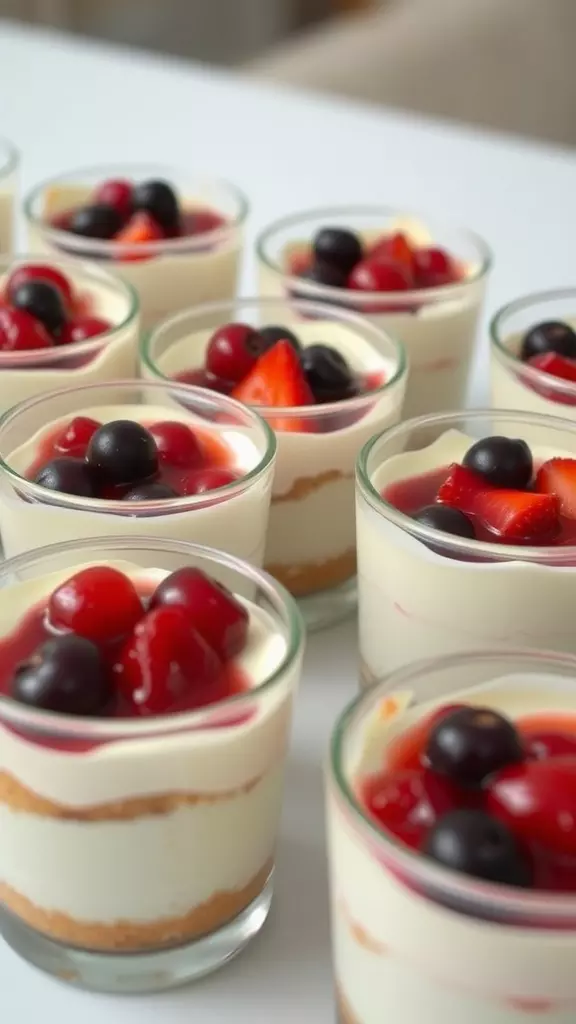 Mini cheesecakes in glass cups topped with strawberries and cherries.