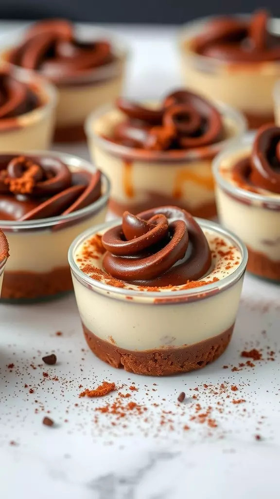 Mini cheesecakes in glass cups with chocolate swirls on top.