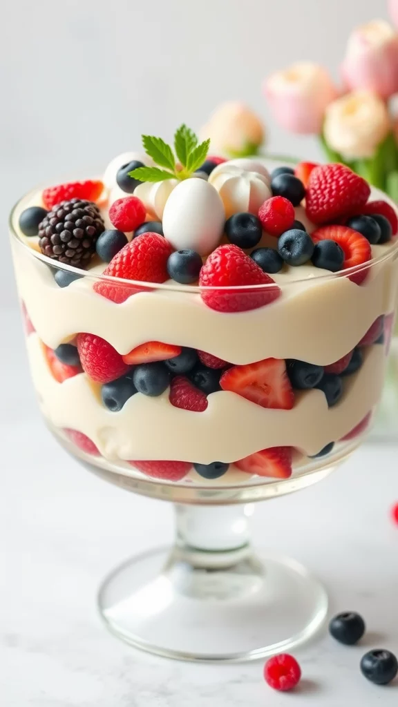 A colorful Easter trifle dessert topped with pastel candy eggs and whipped cream.