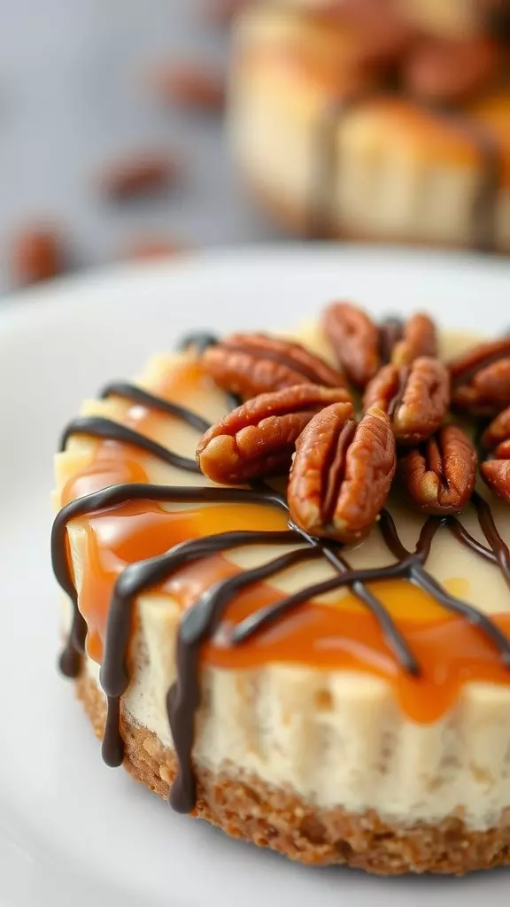 Mini turtle cheesecake topped with pecans and drizzled with chocolate and caramel