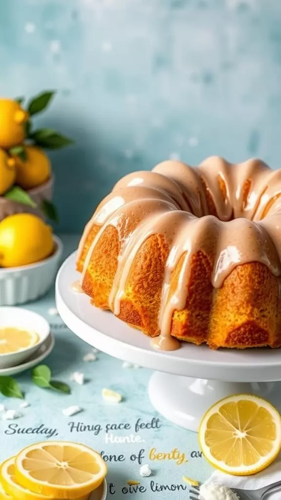 Delicious lemon bundt cake on a white cake stand with a lemon glaze, surrounded by fresh lemons.