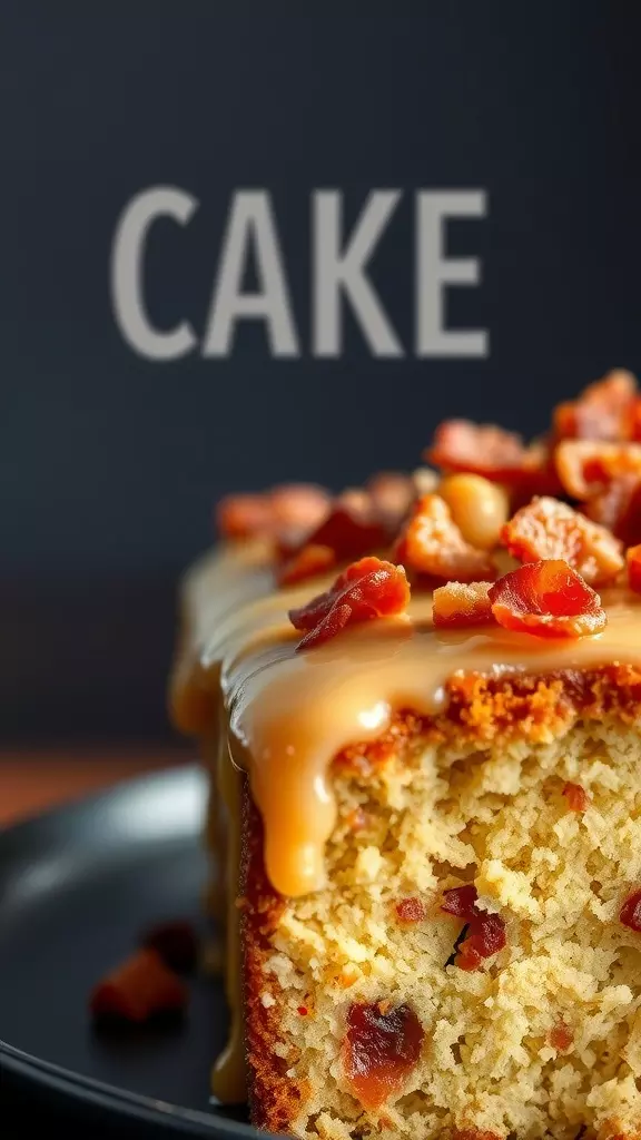 A close-up of a moist Maple Donut Cake drizzled with glaze and topped with pieces of bacon.
