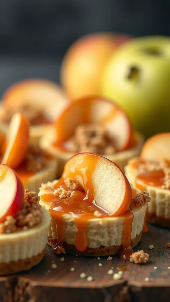Mini caramel apple cheesecakes topped with apples and caramel