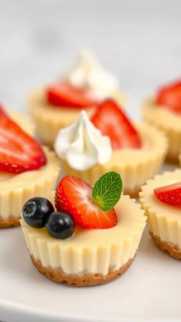 Mini cheesecakes topped with strawberries and blueberries on a plate