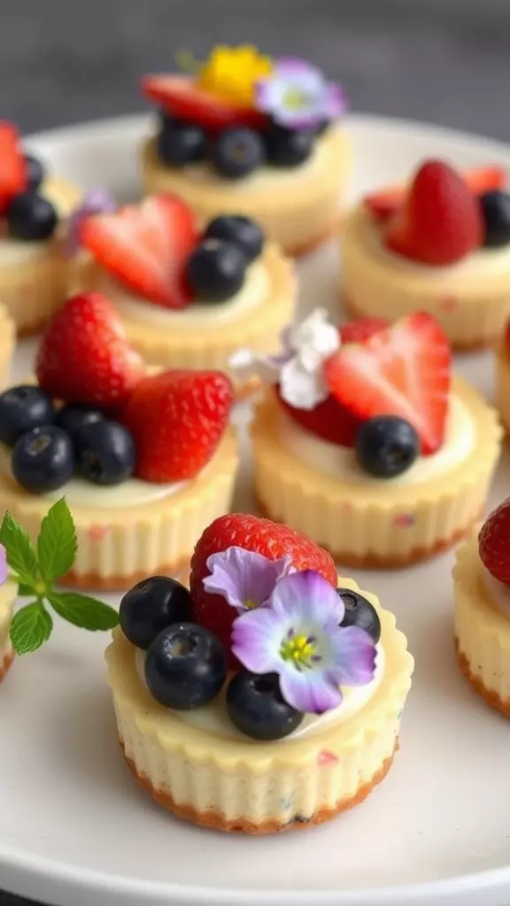 A plate of mini cheesecakes topped with strawberries, blueberries, and edible flowers.