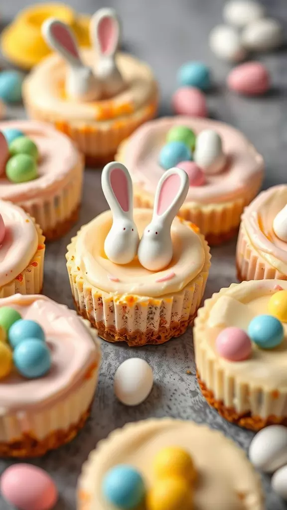 Delicious mini cheesecakes decorated for Easter with bunny figures and colorful candy eggs.