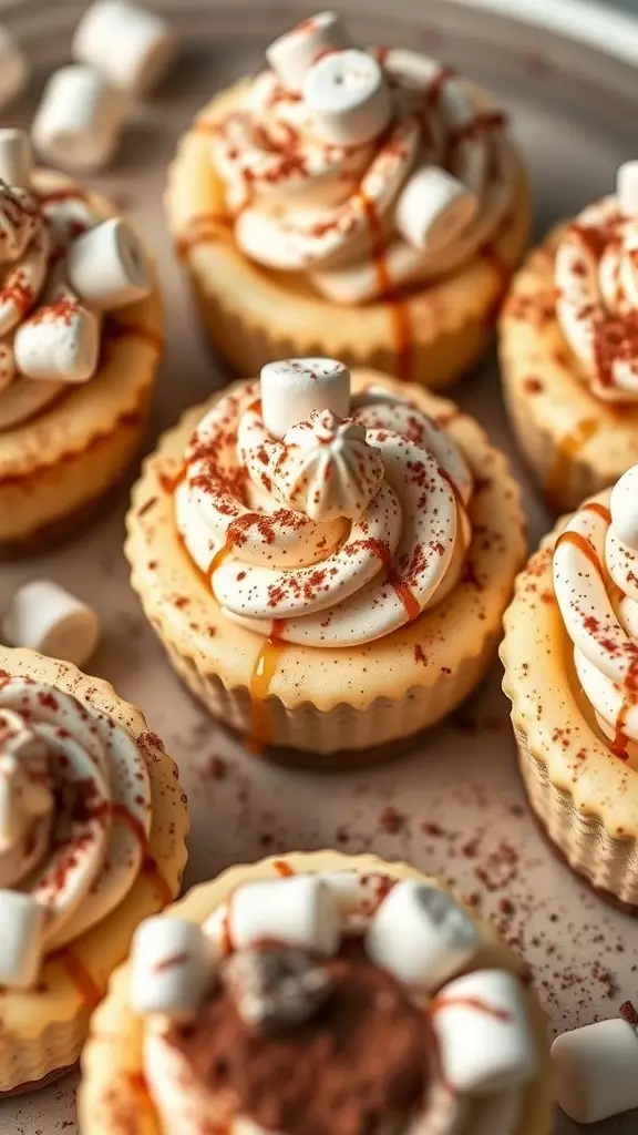 Close-up of mini hot chocolate cheesecakes topped with whipped cream and marshmallows.