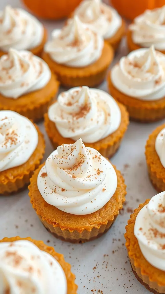 A close-up of mini pumpkin cheesecakes topped with whipped cream and sprinkled with cinnamon.