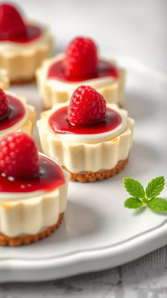 Close-up of mini raspberry cheesecakes with raspberry topping on a white plate.