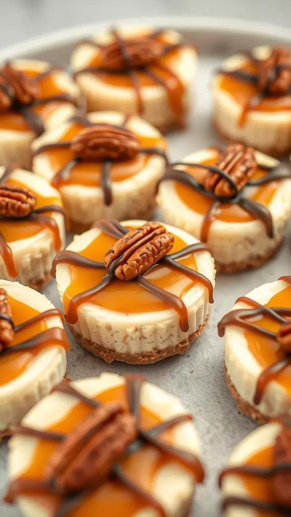 A close-up of mini turtle cheesecakes topped with caramel, chocolate drizzle, and pecans.