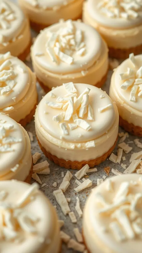 Delicious mini white chocolate cheesecakes topped with white chocolate shavings