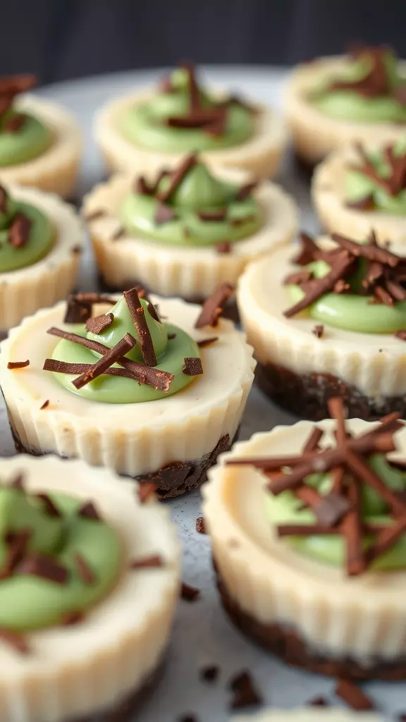 Mint chocolate mini cheesecakes topped with chocolate shavings.