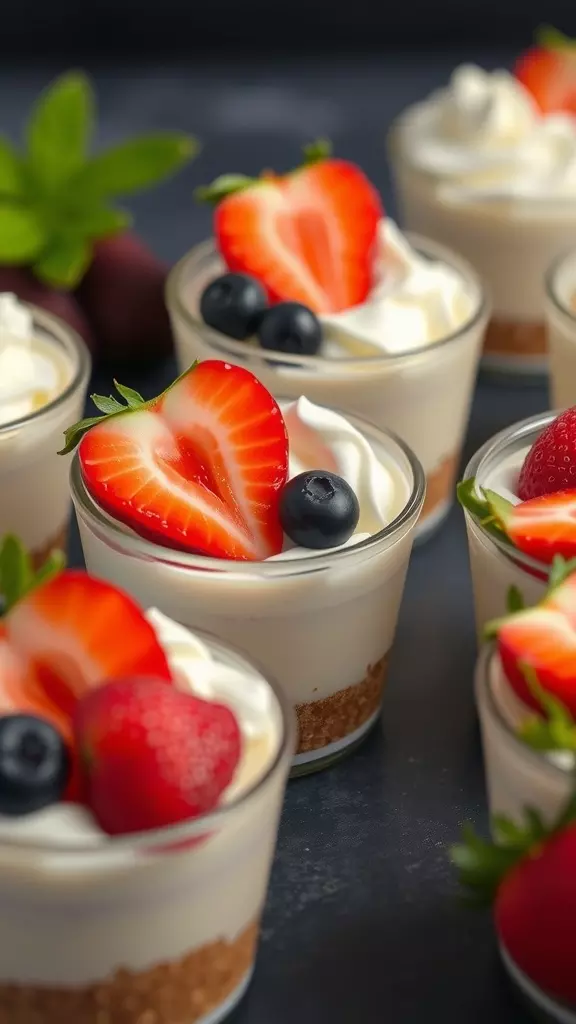 Delicious no-bake cheesecake cups topped with strawberries and blueberries.