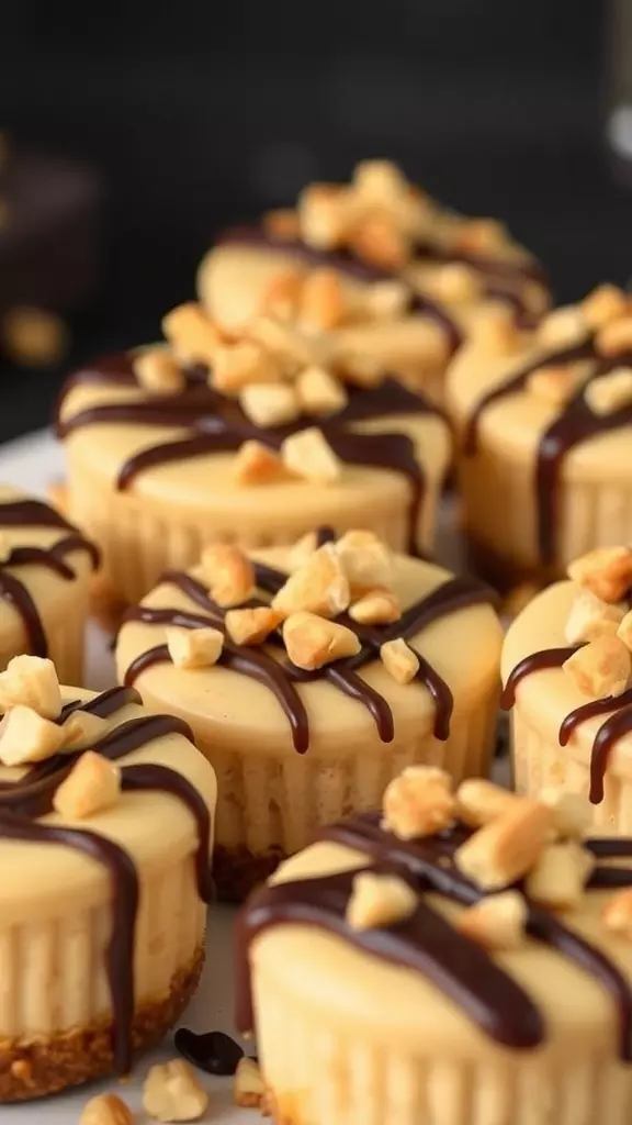 Delicious no-bake mini peanut butter cheesecakes topped with chocolate drizzle and crushed peanuts.