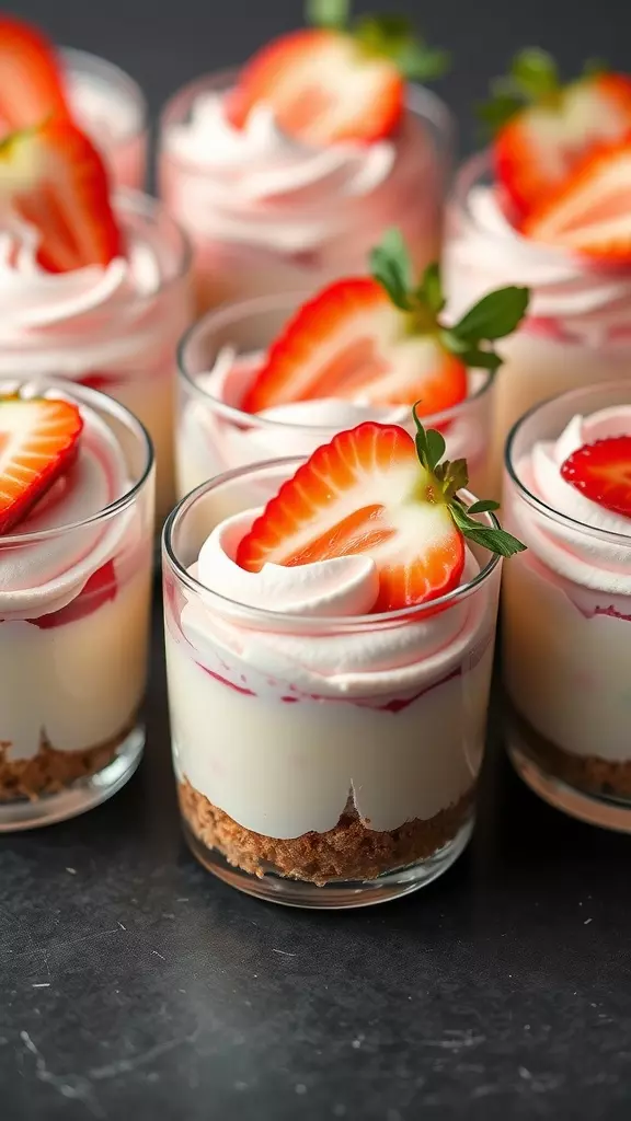 Mini cheesecakes topped with strawberries and whipped cream