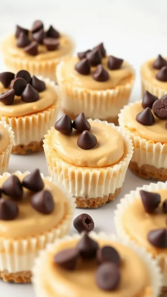 Mini peanut butter cheesecakes topped with chocolate chips