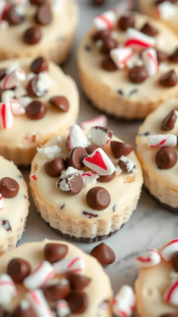 Mini cheesecakes topped with chocolate chips and crushed peppermint.