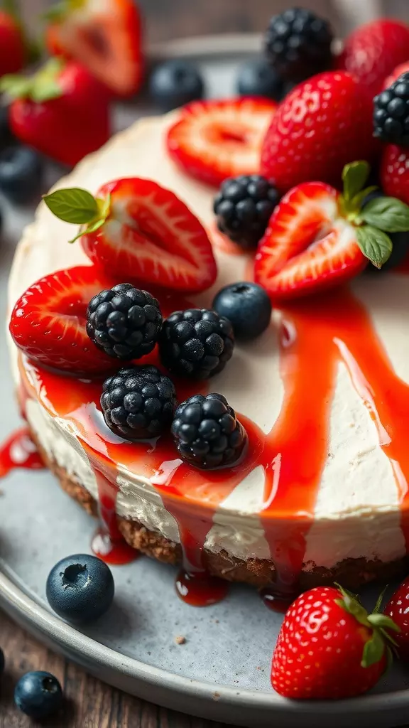 Delicious vegan no-bake cheesecake topped with strawberries, blueberries, and blackberries.