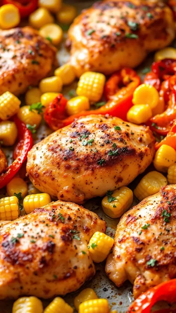 Sheet pan chicken thighs with corn and bell peppers