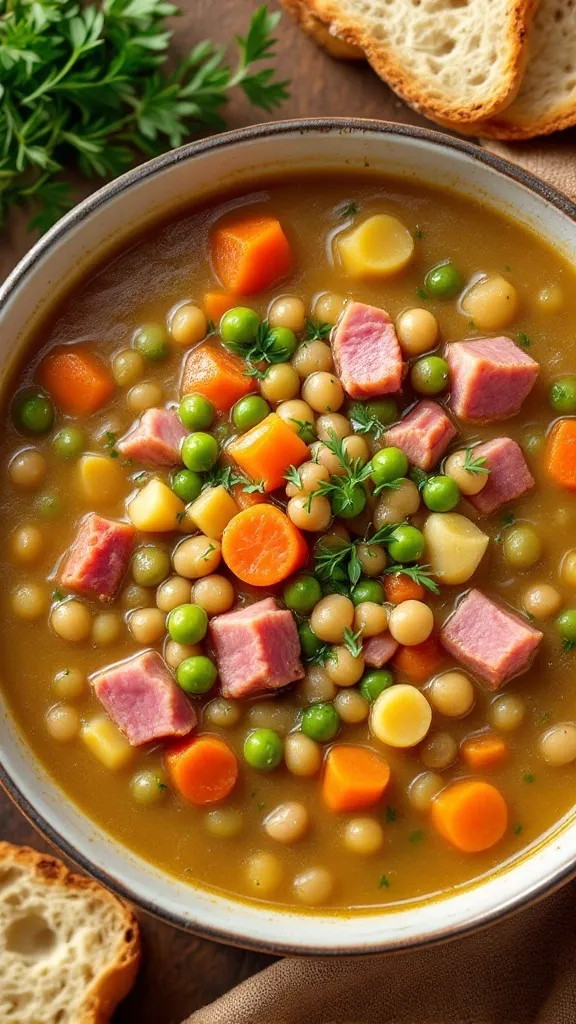 Turn your leftover ham into a warm, comforting bowl of split pea soup! This soup is thick, rich, and loaded with tender split peas, smoky ham, and hearty vegetables. It’s a one-pot, budget-friendly meal that tastes even better the next day—perfect for chilly nights or meal prep!