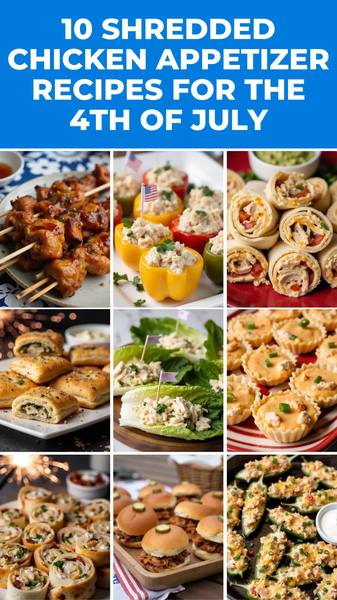 Fireworks, family, and finger food! These 4th of July shredded chicken appetizers are perfect for feeding a crowd. Think buffalo dip, cheesy taquitos, and BBQ sliders — all quick, delicious, and budget-friendly.