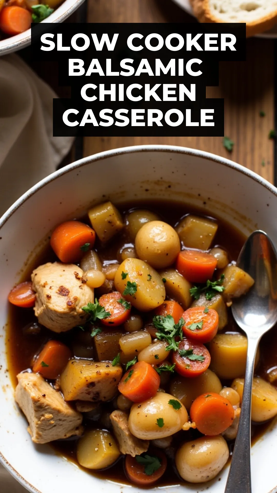 This slow cooker balsamic chicken casserole is a cozy struggle meal hero—toss everything in the crockpot and come back to tender chicken, veggies, and rich, tangy flavor. No oven, no stress, just comfort in a bowl.