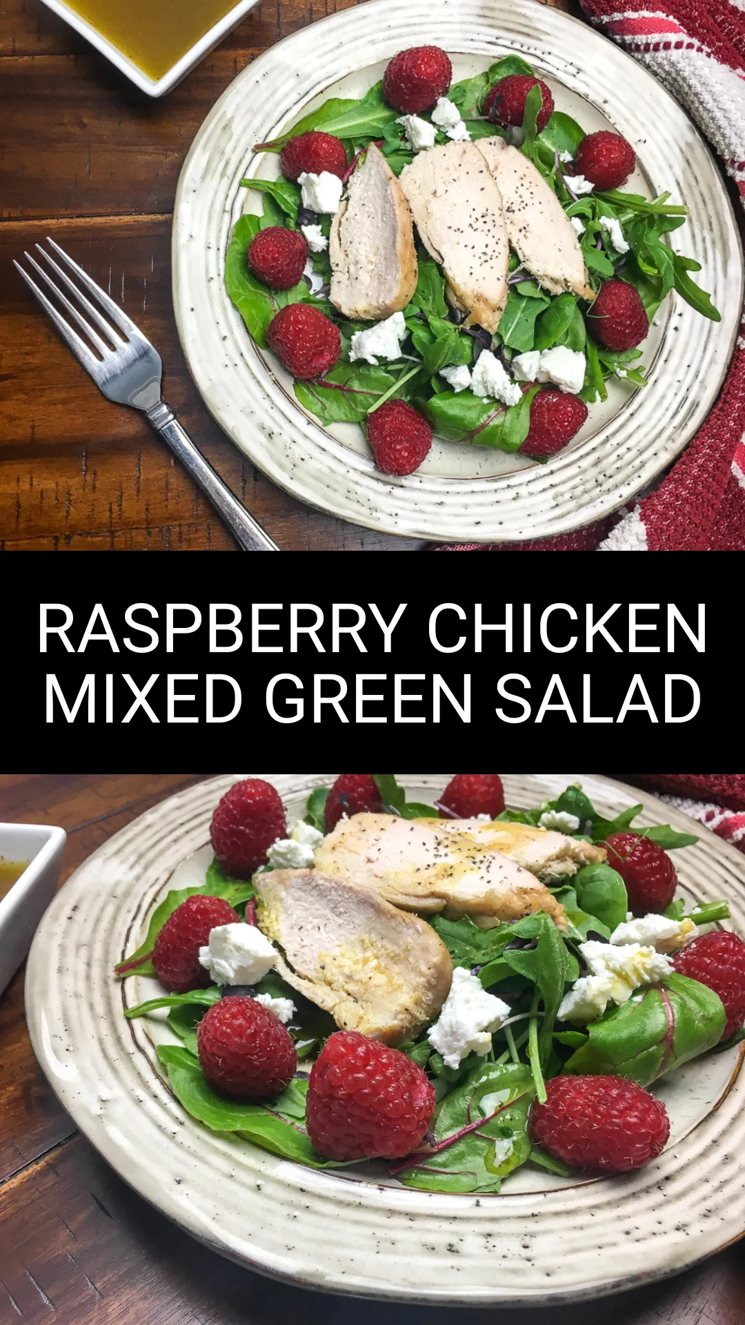 Meal Prep-Friendly Salad Idea Need a fresh idea for lunch or dinner? Try this Raspberry Chicken Salad with creamy goat cheese and a lemony white balsamic dressing. It’s easy to prep, full of flavor, and perfect for busy weekdays. #MealPrepSalad #HealthyChickenRecipes #MixedGreensSalad #LunchIdeas #QuickDinnerRecipes