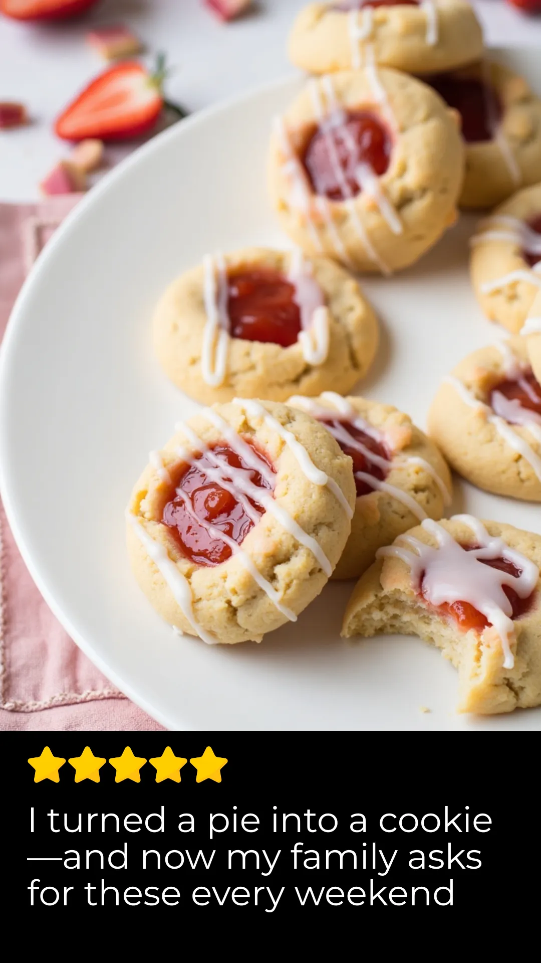 Turn pie into cookies with this cheap dessert recipe that uses pantry staples and seasonal fruit. These strawberry rhubarb cookies are soft, buttery, and filled with a jammy center that’s totally crave-worthy.
