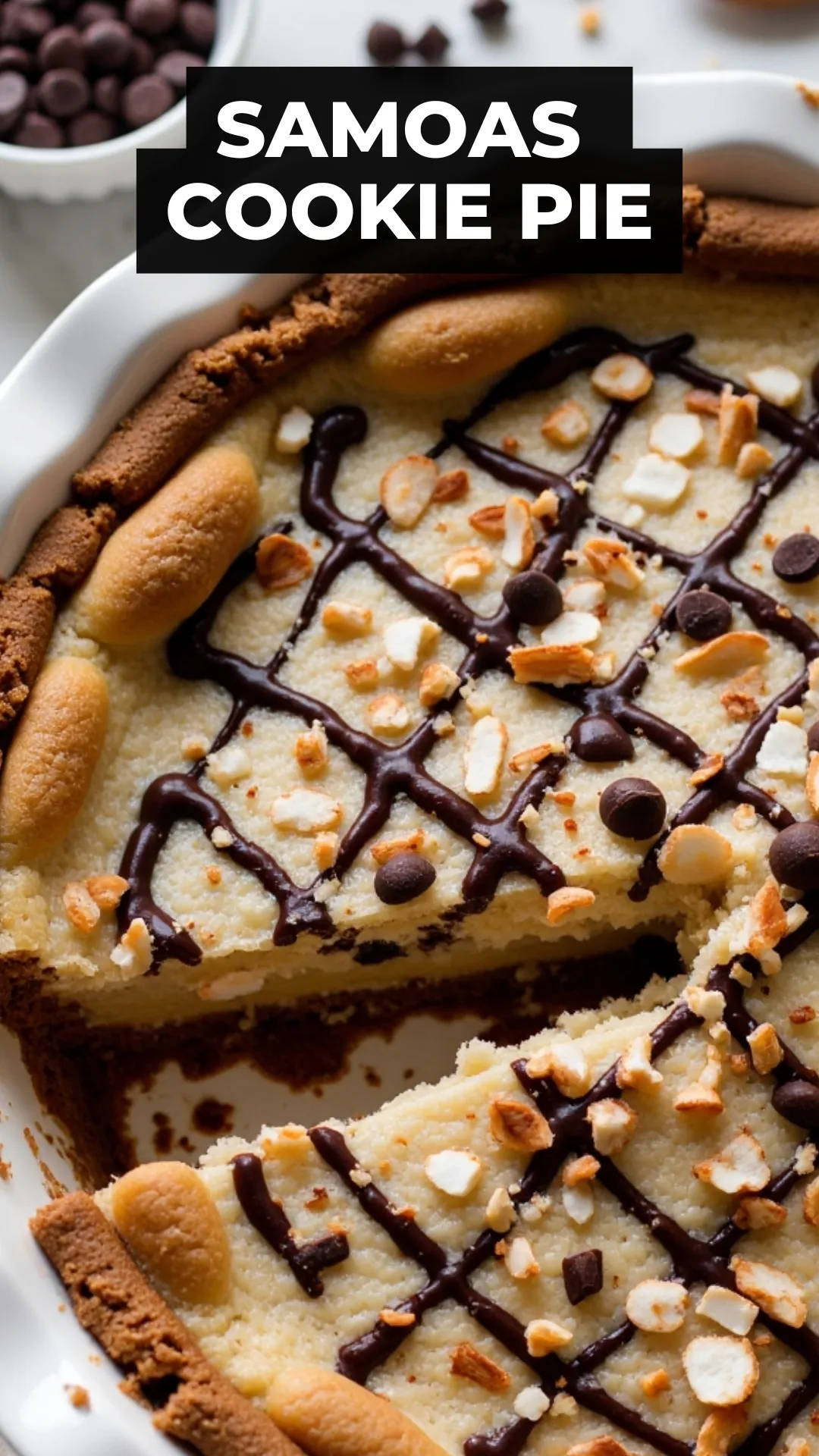 Looking for easy desserts to make at home? This Samoas cookie pie is packed with gooey caramel, toasted coconut, and chocolate drizzle—all baked into one delicious, buttery slice. Minimal ingredients, maximum flavor!