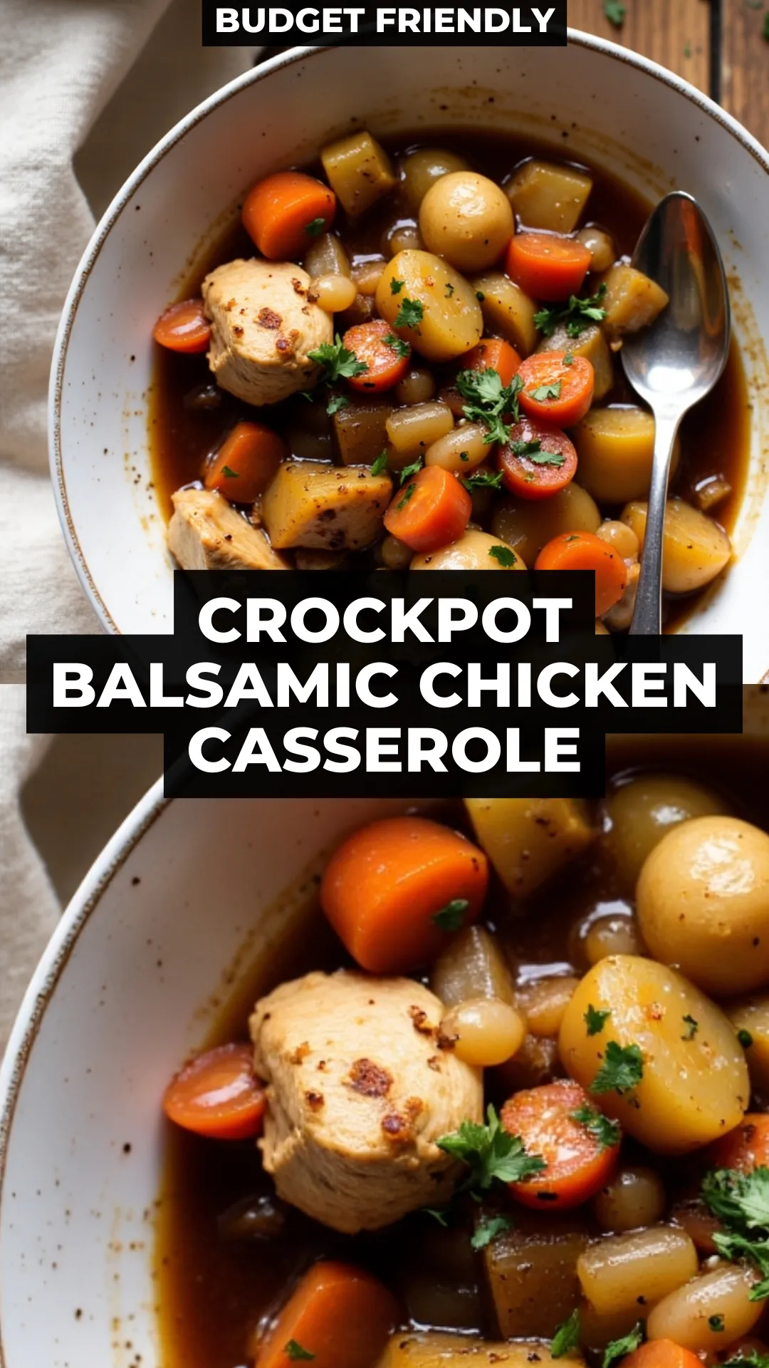 This balsamic chicken casserole is one of our favorite budget friendly meals—it’s packed with flavor, cooks low and slow in the crockpot, and uses affordable ingredients you probably already have at home.