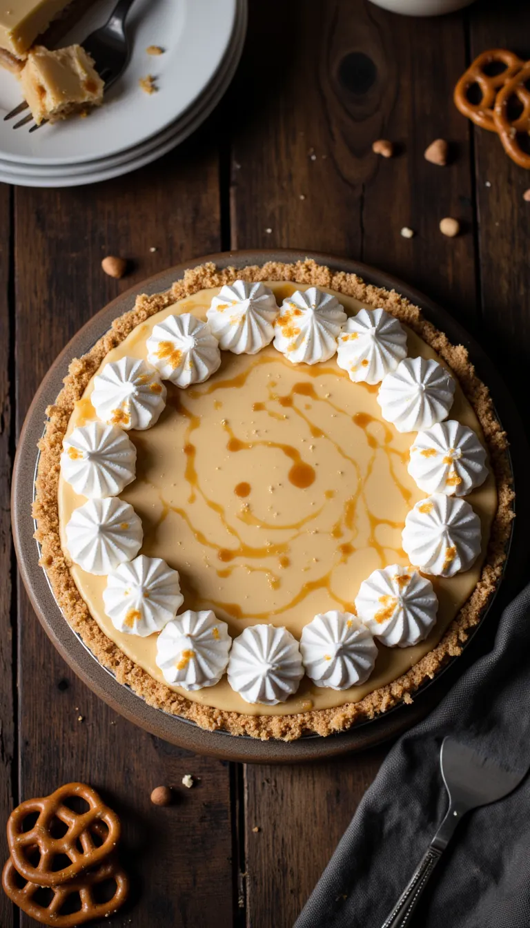 Sweet meets salty in this creamy caramel dream pie with a pretzel crust. Perfect for parties or cozy nights! #SaltedCaramel #CreamPie #Dessert