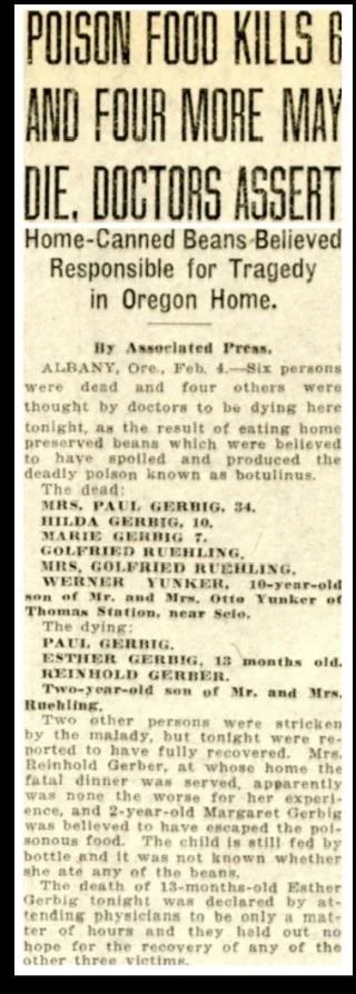 Newspaper cutting about the 1924 canned beans tragedy