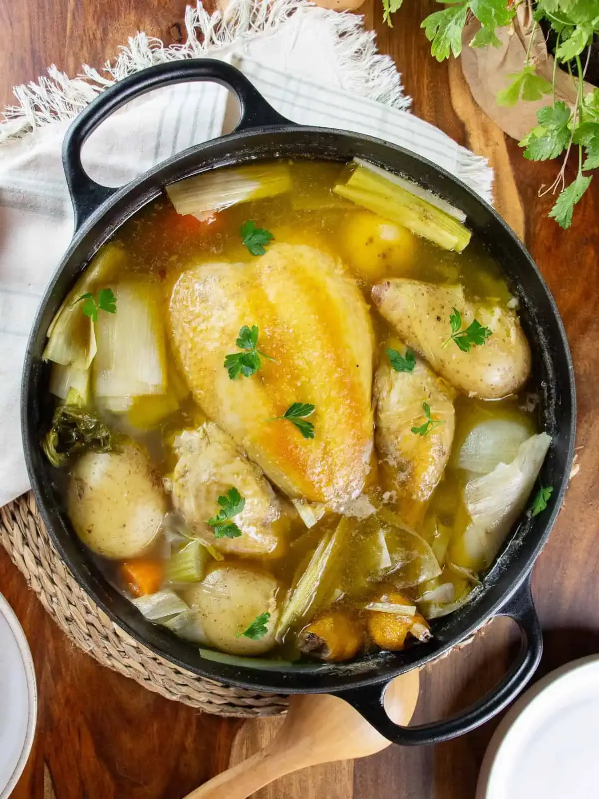 This classic French dish is the definition of simple, hearty winter comfort. A whole chicken simmered slowly with veggies and aromatic herbs turns into the coziest Dutch oven dinner — warming, wholesome, and perfect for family nights around the table. It’s rustic in the best way and feels like a gentle hug from the French countryside.