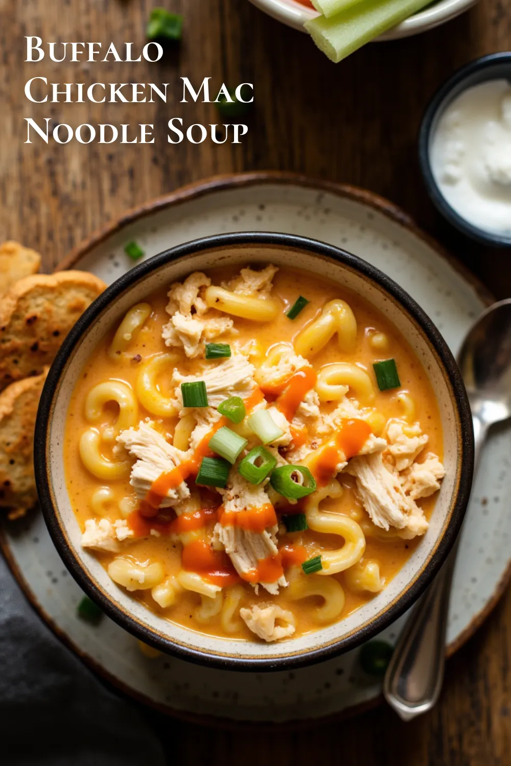 Juicy chicken, tender pasta, and bold buffalo flavors come together in this cozy, crowd-pleasing soup. #souprecipes #easymeals #gamedayfood
