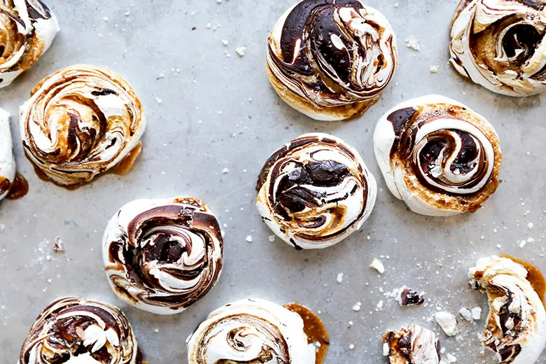 Chocolate and Salted Caramel Swirled Meringues 