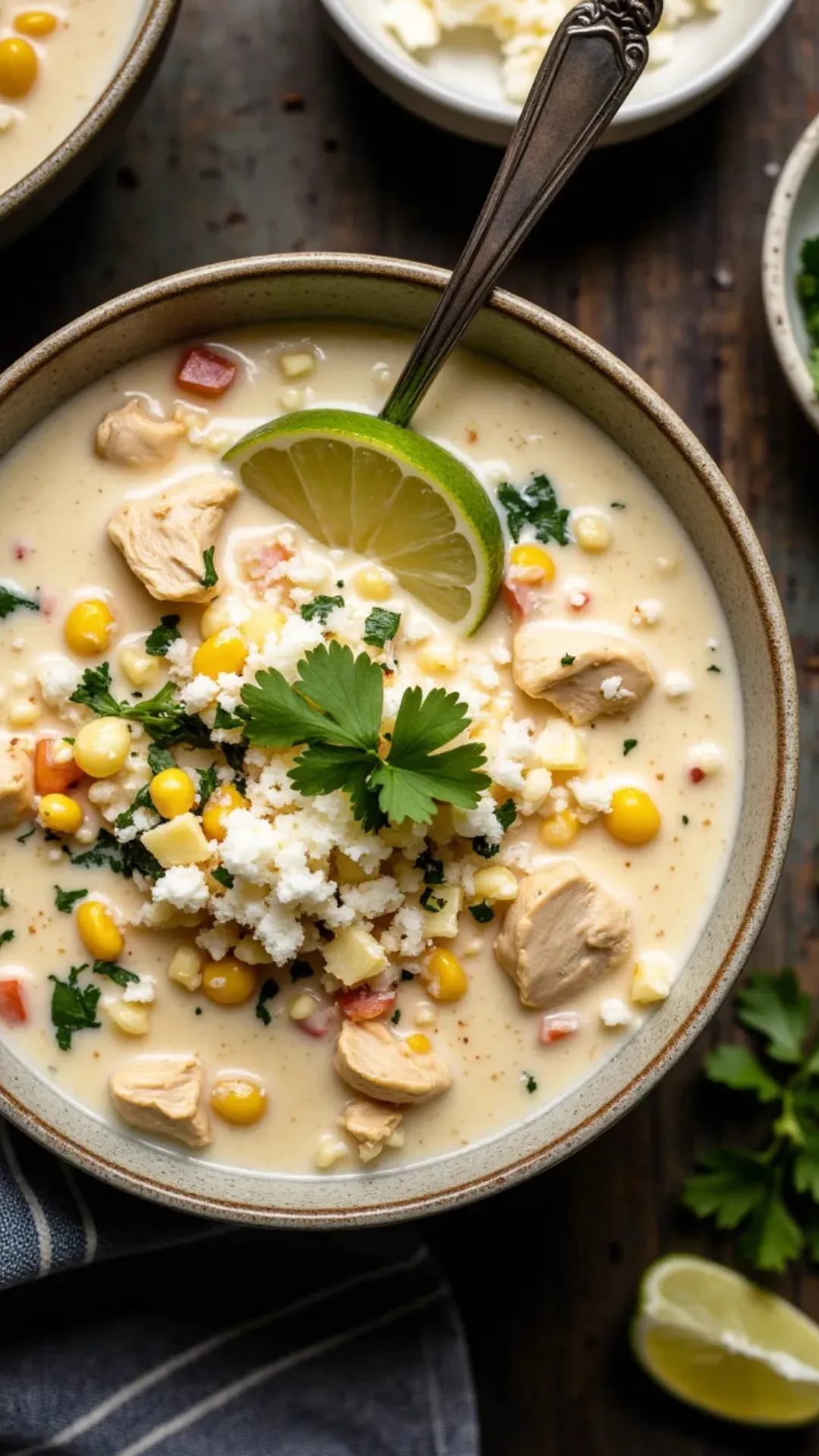This bold twist on white chicken chili is loaded with roasted corn, creamy broth, and street corn flavor.