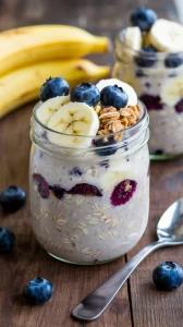 🫐✨ Delicious Blueberry Banana Overnight Oats for a Quick Breakfast 🍌🥣 Start your day with sweet banana, juicy blueberries, and creamy oats—so easy, so good! 🌟💛