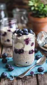 🍰🫐 Blueberry Cheesecake Overnight Oats – The Perfect Grab-and-Go Treat 🥣✨ Start your morning with creamy oats, sweet blueberries, and cheesecake vibes—quick, healthy, and ready to enjoy! 💛🌟