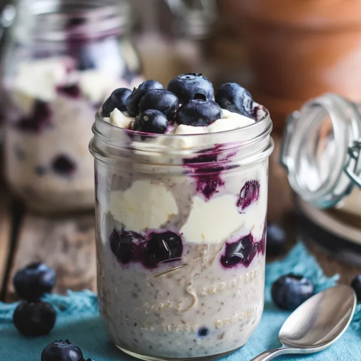 🍰🫐 Blueberry Cheesecake Overnight Oats – The Perfect Grab-and-Go Treat 🥣✨ Start your morning with creamy oats, sweet blueberries, and cheesecake vibes—quick, healthy, and ready to enjoy! 💛🌟