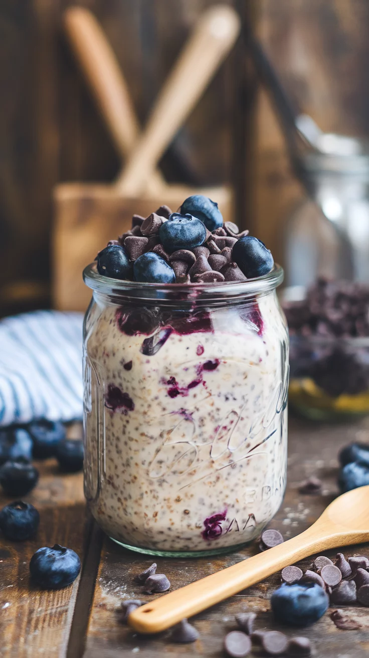 🫐🥣 High-Protein Blueberry Chocolate Overnight Oats – Quick & Delicious 🍫✨ These creamy oats are packed with protein, sweet blueberries, and rich chocolate for a satisfying breakfast. 💛🌟