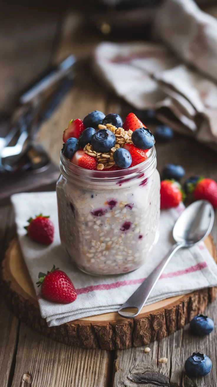 🥄🍓 Quick & Easy Blueberry Strawberry Overnight Oats for Busy Mornings 🫐✨ Make mornings effortless with these creamy, fruity oats—prepped ahead and ready to grab and go! 🕒💛