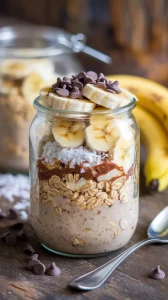 🍌🥜 Chunky Monkey Overnight Oats – The Perfect Grab-and-Go Breakfast 🍫✨ Start your day with creamy oats, sweet banana, rich chocolate, and tropical coconut. Breakfast never tasted this good! 🥣💛