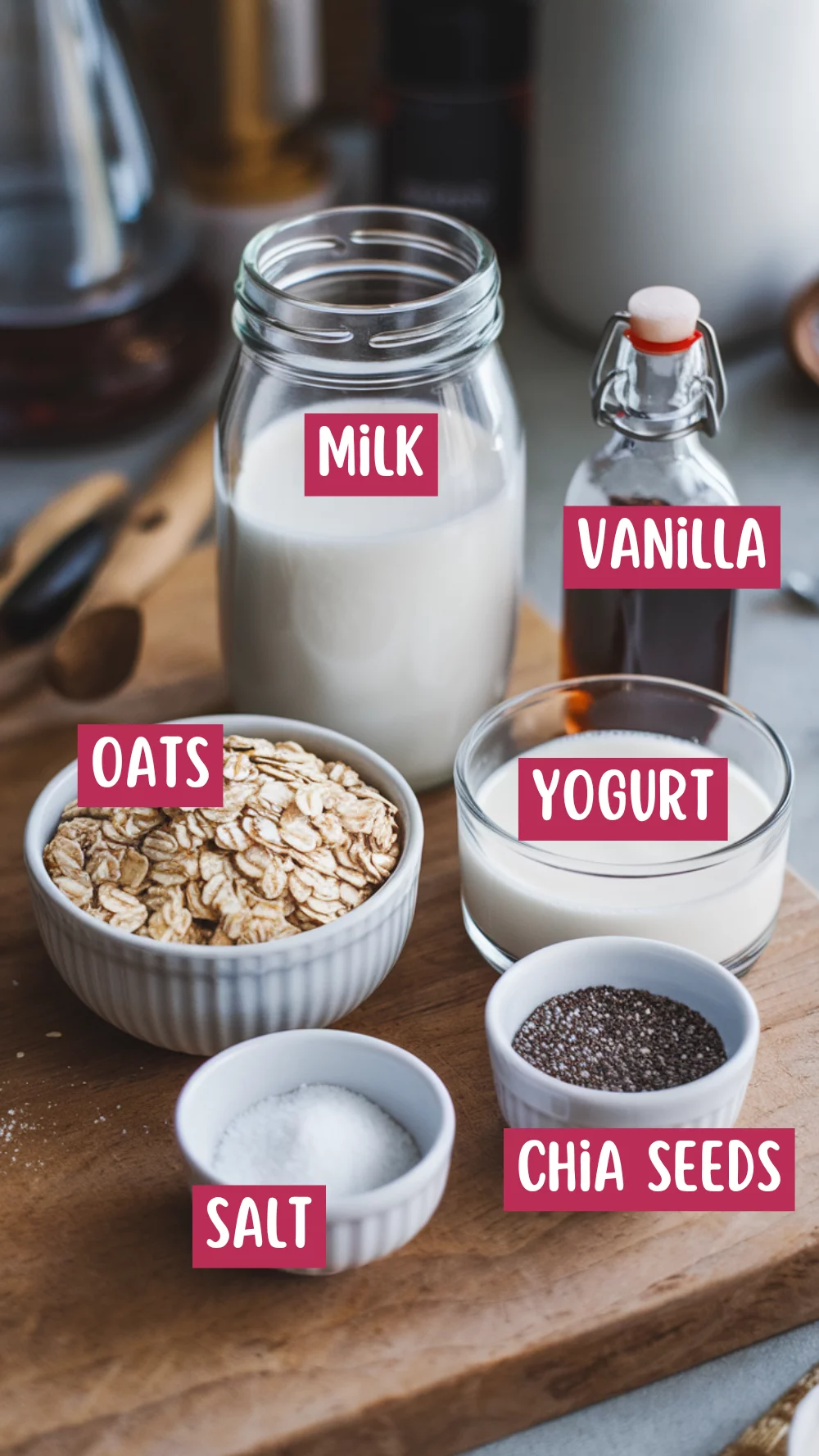 What ingredients do I need for overnight oats? Oats, Milk, Yogurt, Vanilla, Chia Seeds and Salt - Read our "How to make overnight oats" guide to find out why these make the perfect overnight oats basic recipe.