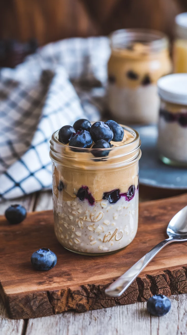 🥣🫐 High-Protein Peanut Butter Blueberry Overnight Oats for Busy Mornings 🥜✨ Prepped ahead and packed with protein, these oats are a grab-and-go breakfast dream! 🌟💛