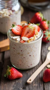 🌟🍓 Strawberry Almond Overnight Oats – Healthy, Delicious & Protein-Packed 🌰🥣 Start your day with creamy oats, nutty almonds, and juicy strawberries—quick, easy, and satisfying! 🕒💛