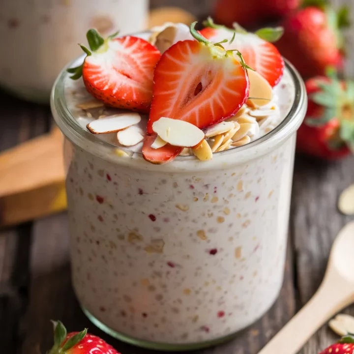 🌟🍓 Strawberry Almond Overnight Oats – Healthy, Delicious & Protein-Packed 🌰🥣 Start your day with creamy oats, nutty almonds, and juicy strawberries—quick, easy, and satisfying! 🕒💛