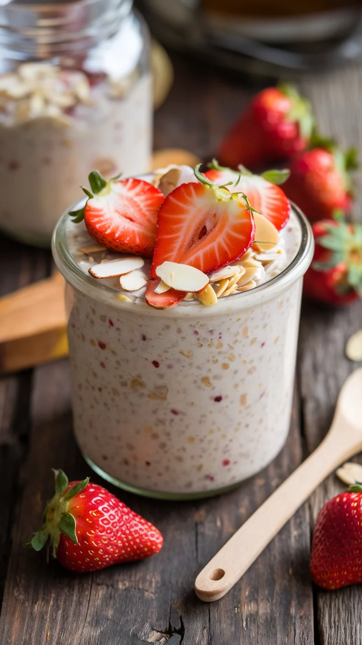 🌟🍓 Strawberry Almond Overnight Oats – Healthy, Delicious & Protein-Packed 🌰🥣 Start your day with creamy oats, nutty almonds, and juicy strawberries—quick, easy, and satisfying! 🕒💛