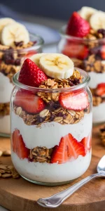 Wholesome and delicious! 🍓🍌 These Strawberry-Banana Granola Parfaits are made with homemade granola and layered with yogurt for a perfect start to your day. 🥄✨ #HealthyEats #BreakfastRecipes