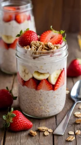 🍓🍌 Strawberry Banana Overnight Oats – The Perfect Grab-and-Go Breakfast 🥄✨ Wake up to creamy oats bursting with fresh strawberries and sweet banana—quick, easy, and absolutely delicious! 🌟💛